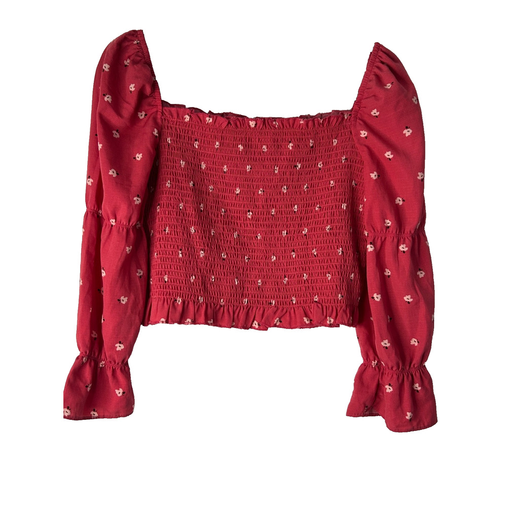 GB Gianni Bini Heartland Dixie Square Neck Cropped Top‎ Lg Smocked Puff Sleeve